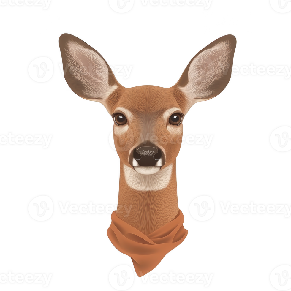 A digitally illustrated deer with large ears and curious expression is depicted wearing brown scarf, set against plain background. artwork highlights deer detailed fur texture and expressive eyes png