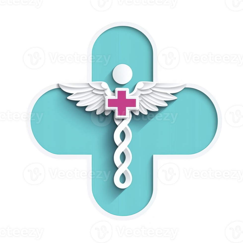 A medical symbol featuring caduceus with wings and pink cross is set against turquoise cross background, representing healthcare and medicine png