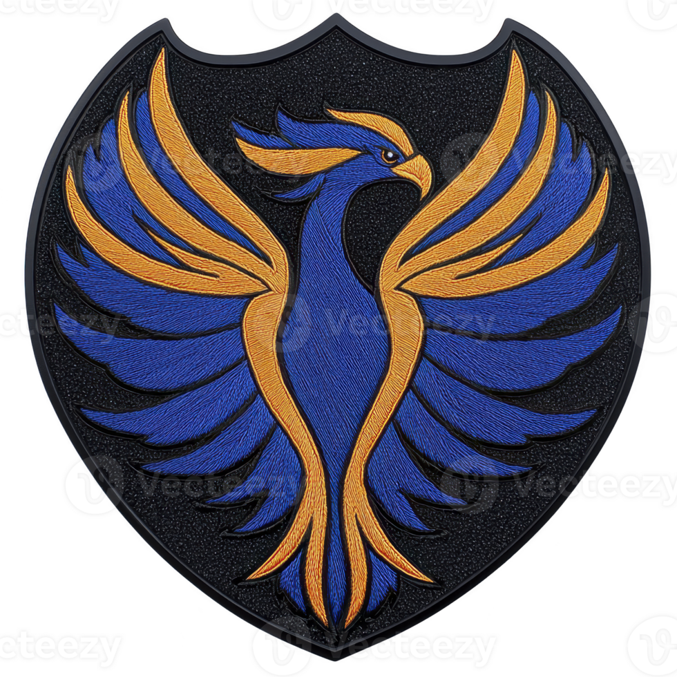 A This features vibrant phoenix emblem with blue and orange feathers, symbolizing rebirth and strength, set against dark shield shaped background. design is bold and dynamic png