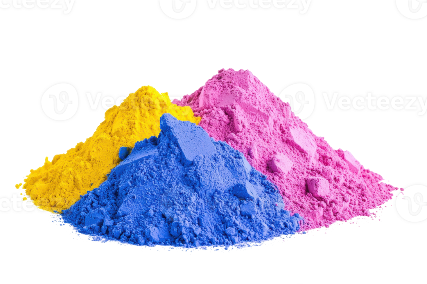 A Vibrant piles of colored powder in blue, pink, and yellow create striking visual display, often used in art, festivals, and creative projects png