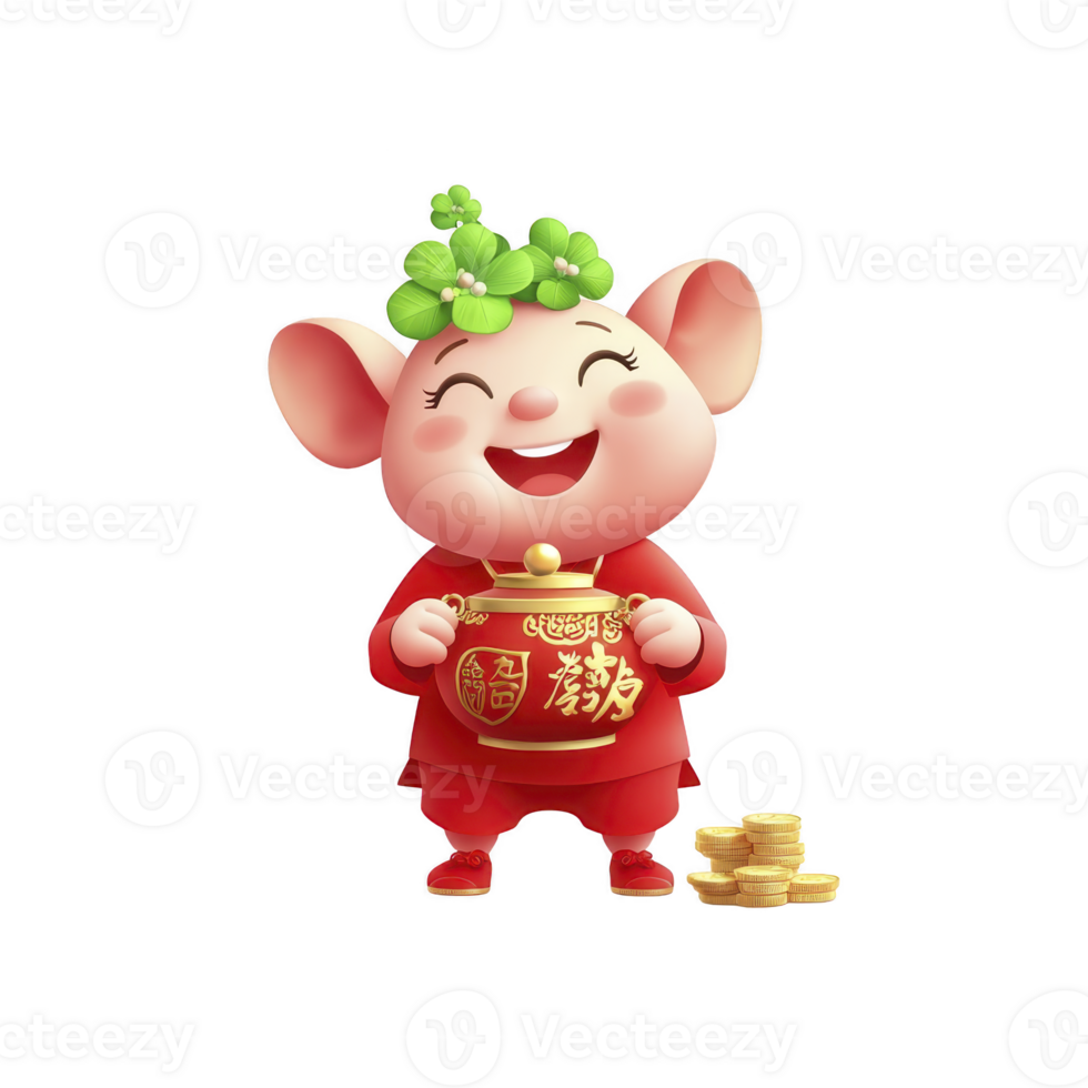 A cheerful cartoon character with large ears and clover on its head holds red pot with gold coins, symbolizing prosperity and good fortune. character wears red outfit, smiling joyfully png