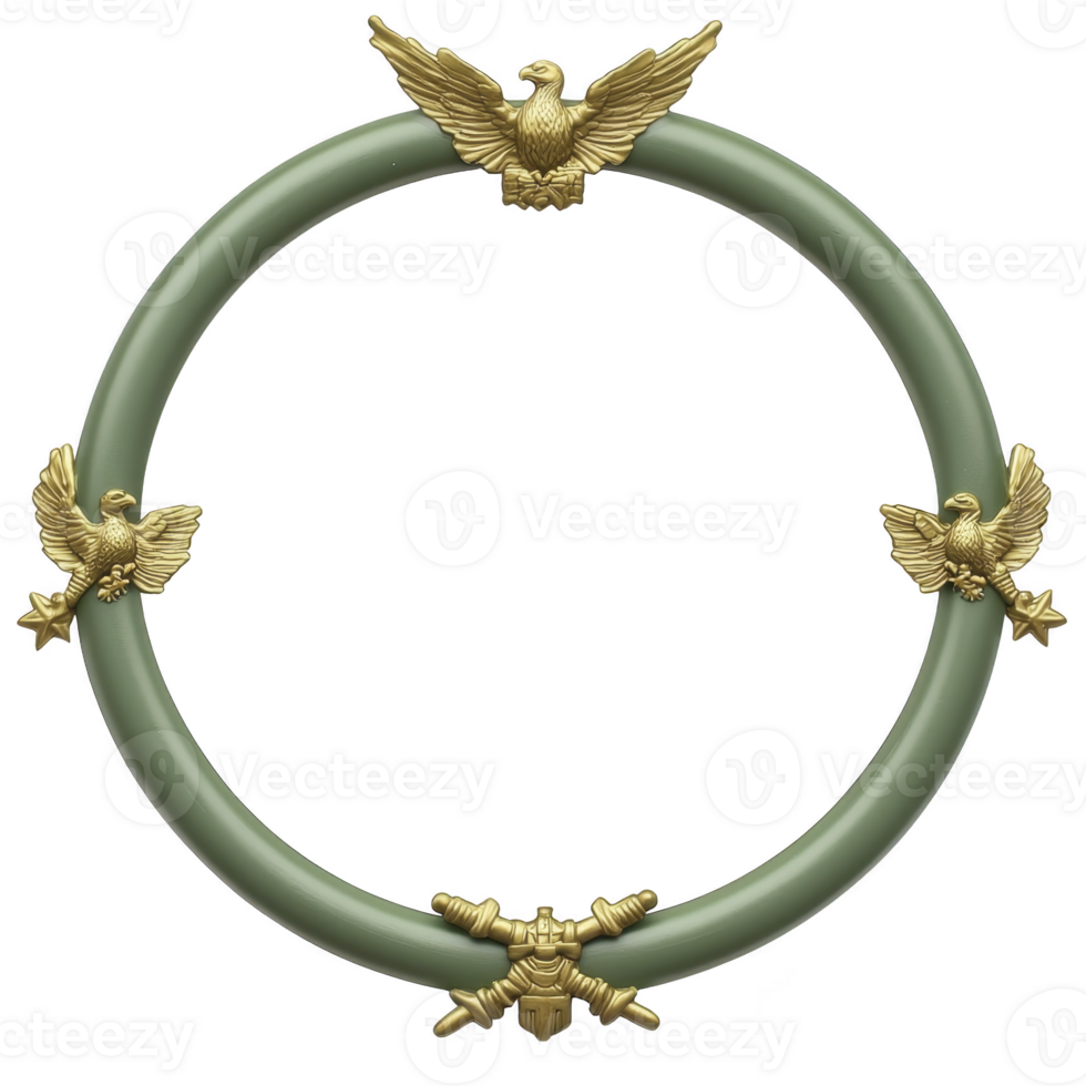 A circular green frame adorned with golden eagles and stars, symbolizing strength and unity. elegant design features intricate details, creating sense of grandeur and patriotism png