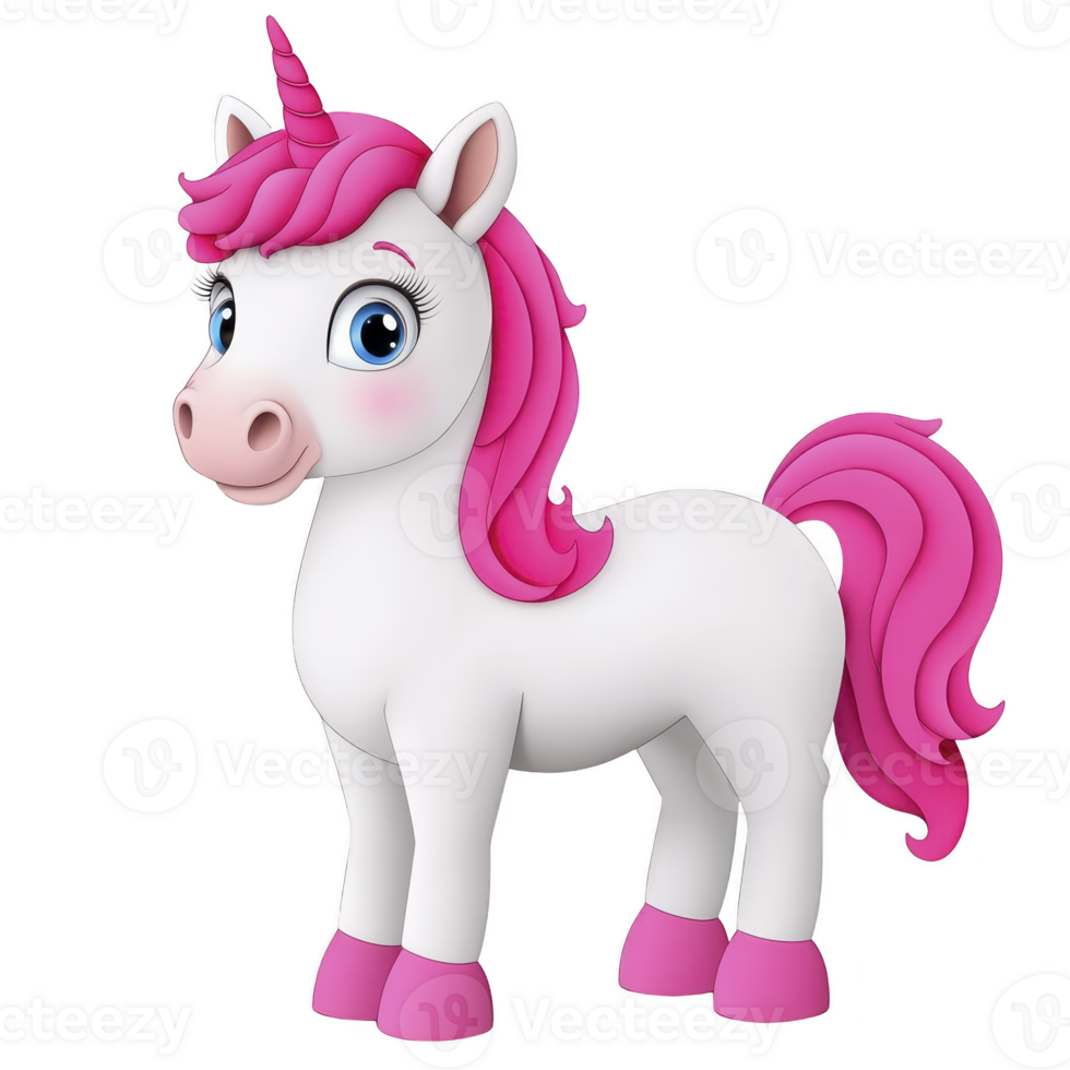 A cute cartoon unicorn with pink mane and tail stands cheerfully, showcasing its magical horn and bright eyes. whimsical creature exudes charm and fantasy png