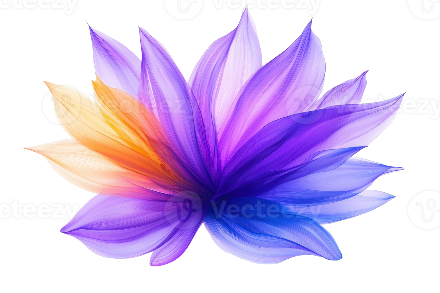 A vibrant, abstract flower with multicolored petals in shades of purple, blue, and orange, creating dynamic and artistic design png