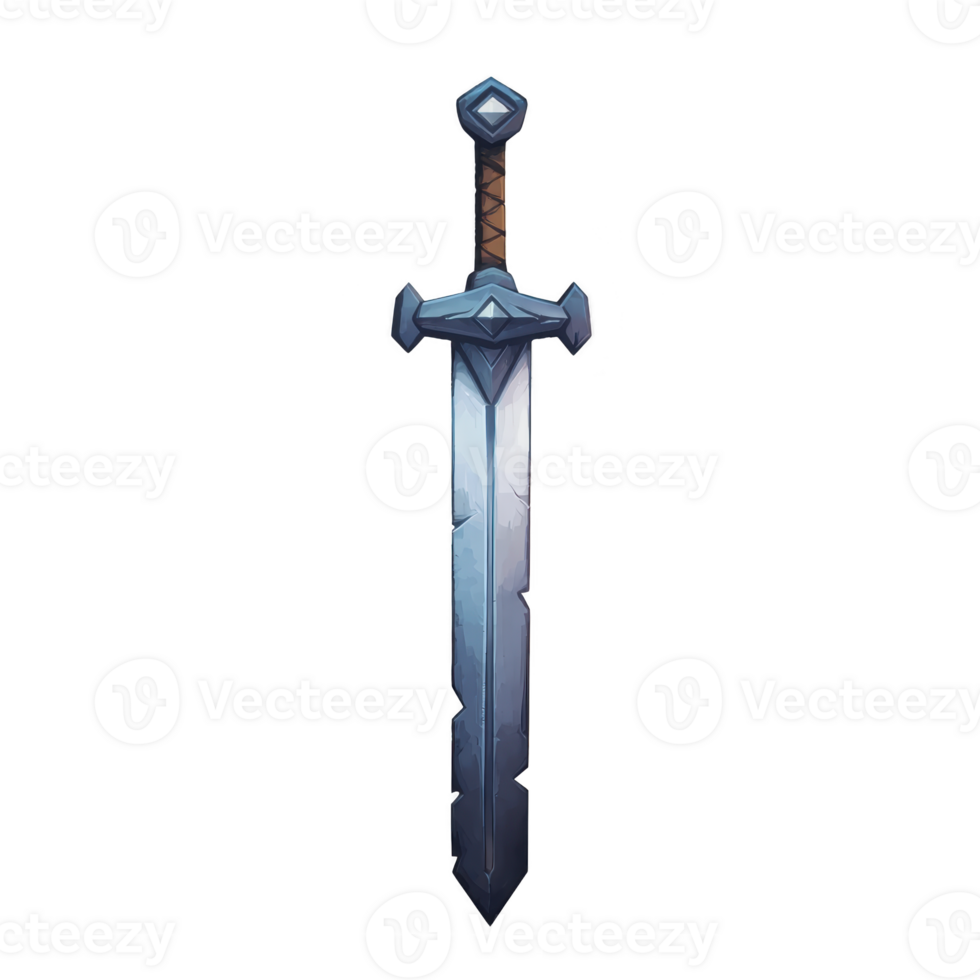 A detailed illustration of medieval sword with sharp, metallic blade and brown leather wrapped handle, evoking sense of adventure and fantasy png