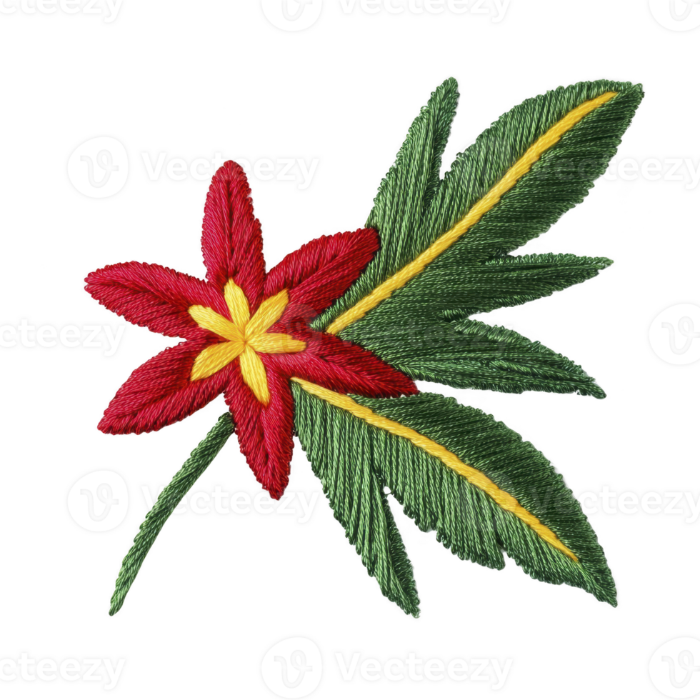 A vibrant embroidered red flower with yellow center is paired with green leaves, showcasing intricate stitching and colorful design. Perfect for textile art and decoration png