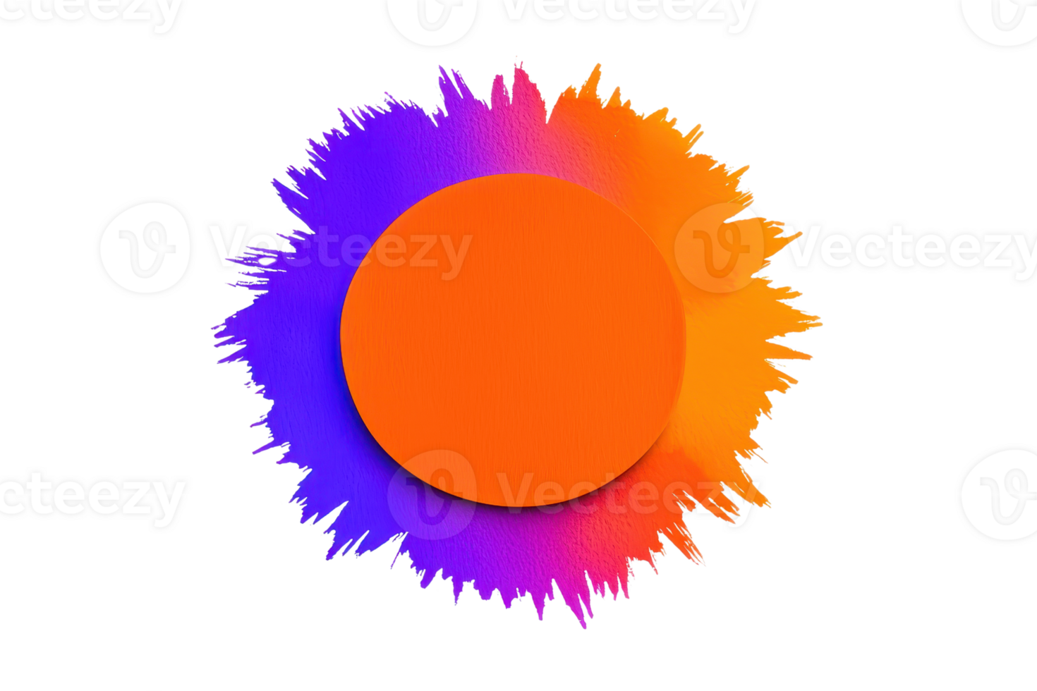 A vibrant circular design with central orange circle is surrounded by dynamic splash of purple and orange hues, creating striking contrast png