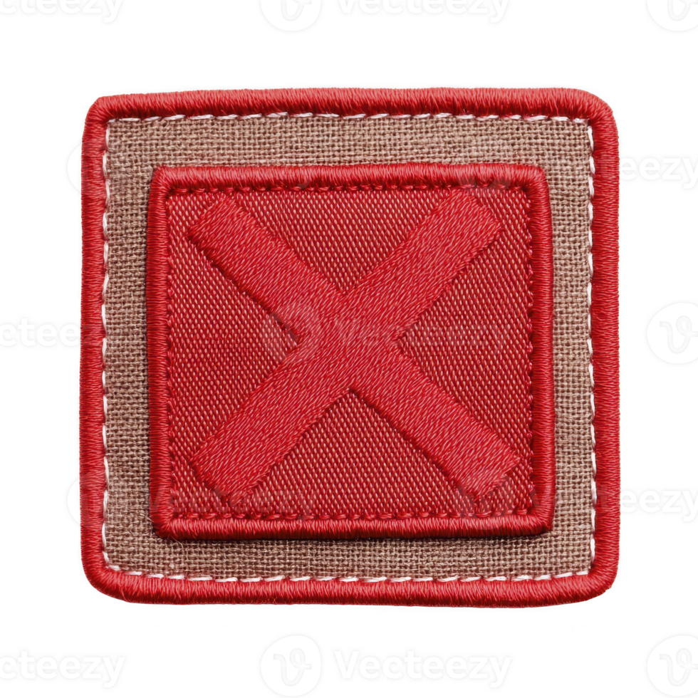 A square embroidered patch features bold red X on textured background, bordered by contrasting brown edge. design is simple yet striking, suitable for various applications png