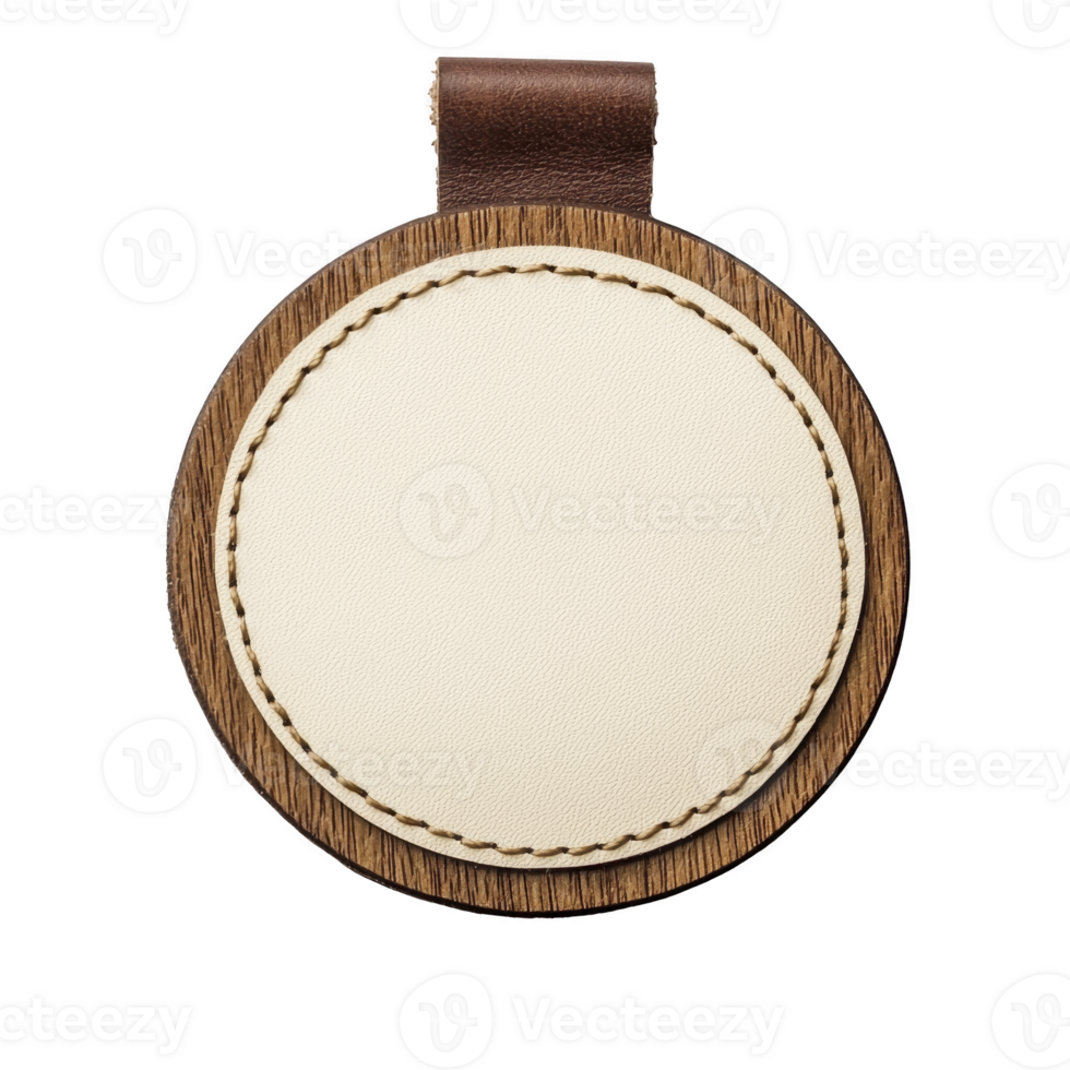 A round leather keychain with wooden base and brown leather loop, featuring blank white center for customization. design is simple and elegant, perfect for personal or promotional use png