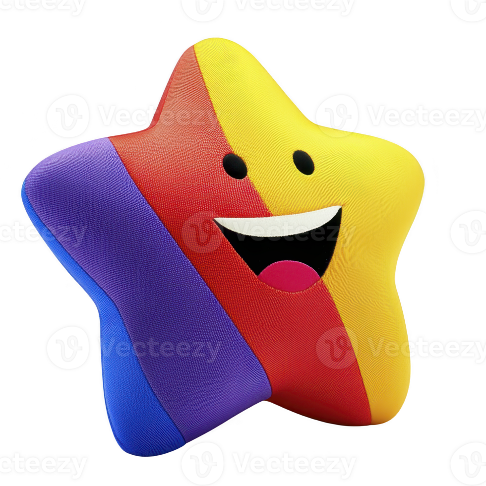 A colorful star shaped pillow with cheerful face features vibrant red, yellow, and blue sections. Its playful design and smiling expression make it perfect for children rooms or playful decor png