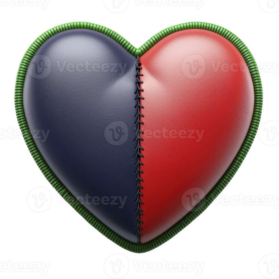 A heart shaped object with unique design features split color scheme of blue and red, stitched together with green border, creating striking and symbolic appearance png
