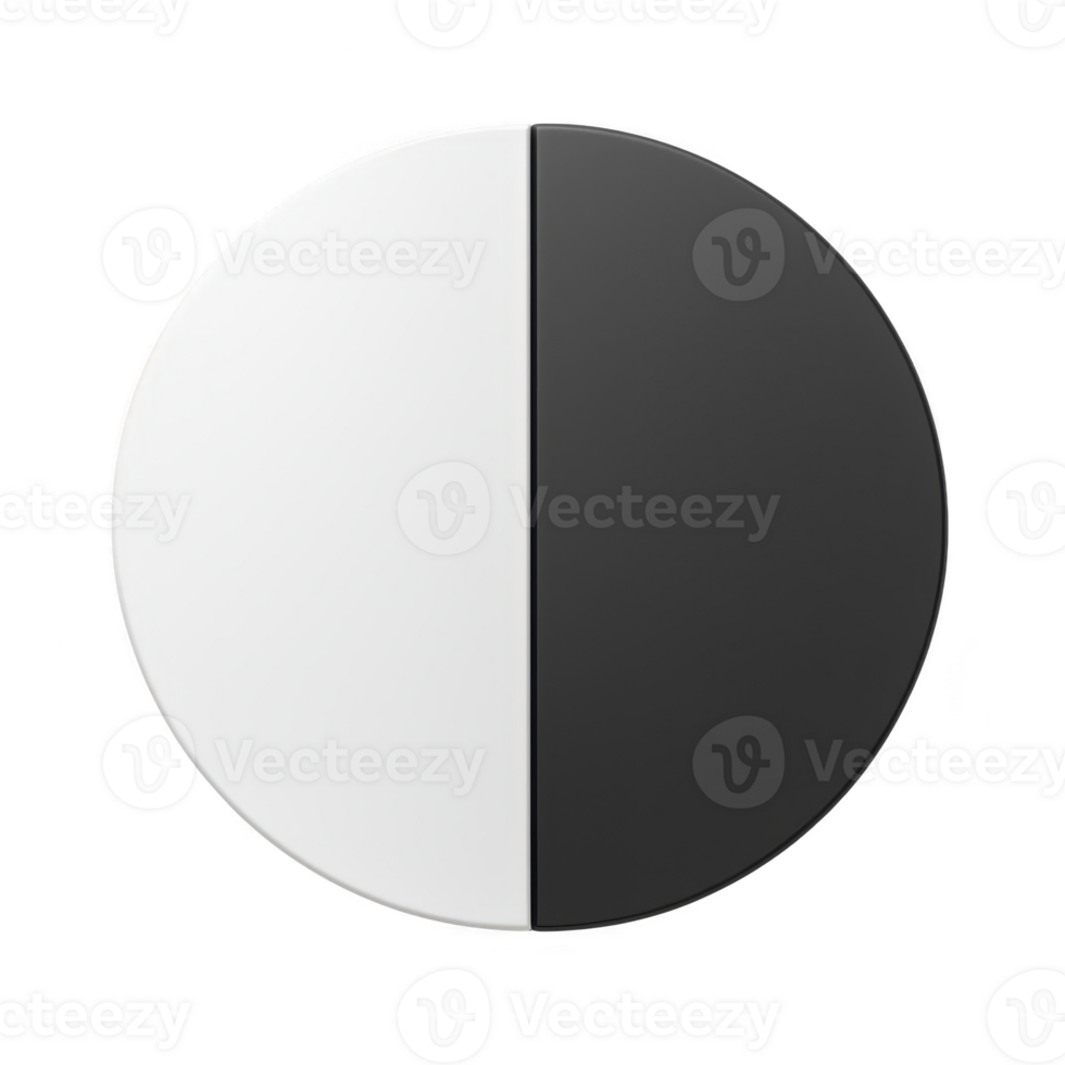 A black and white circular object is divided into two equal halves, creating striking contrast. left side is white, while right side is black, forming perfect yin yang like symmetry png