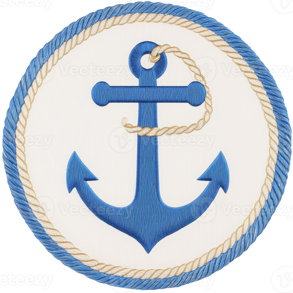 A blue anchor with rope design is centered on circular transparency background, bordered by blue and beige rope pattern, evoking nautical theme png