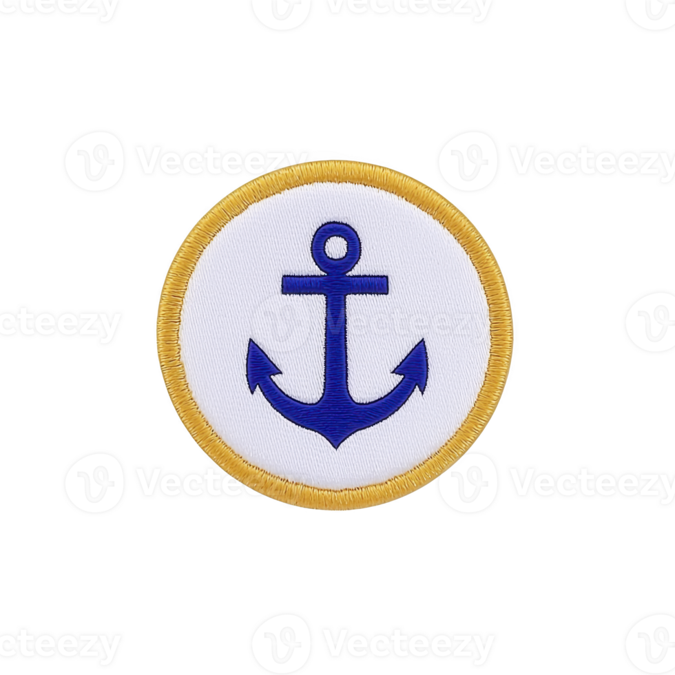 A round embroidered patch features blue anchor design on transparency background, bordered by yellow edge. nautical theme evokes sense of adventure and maritime tradition png