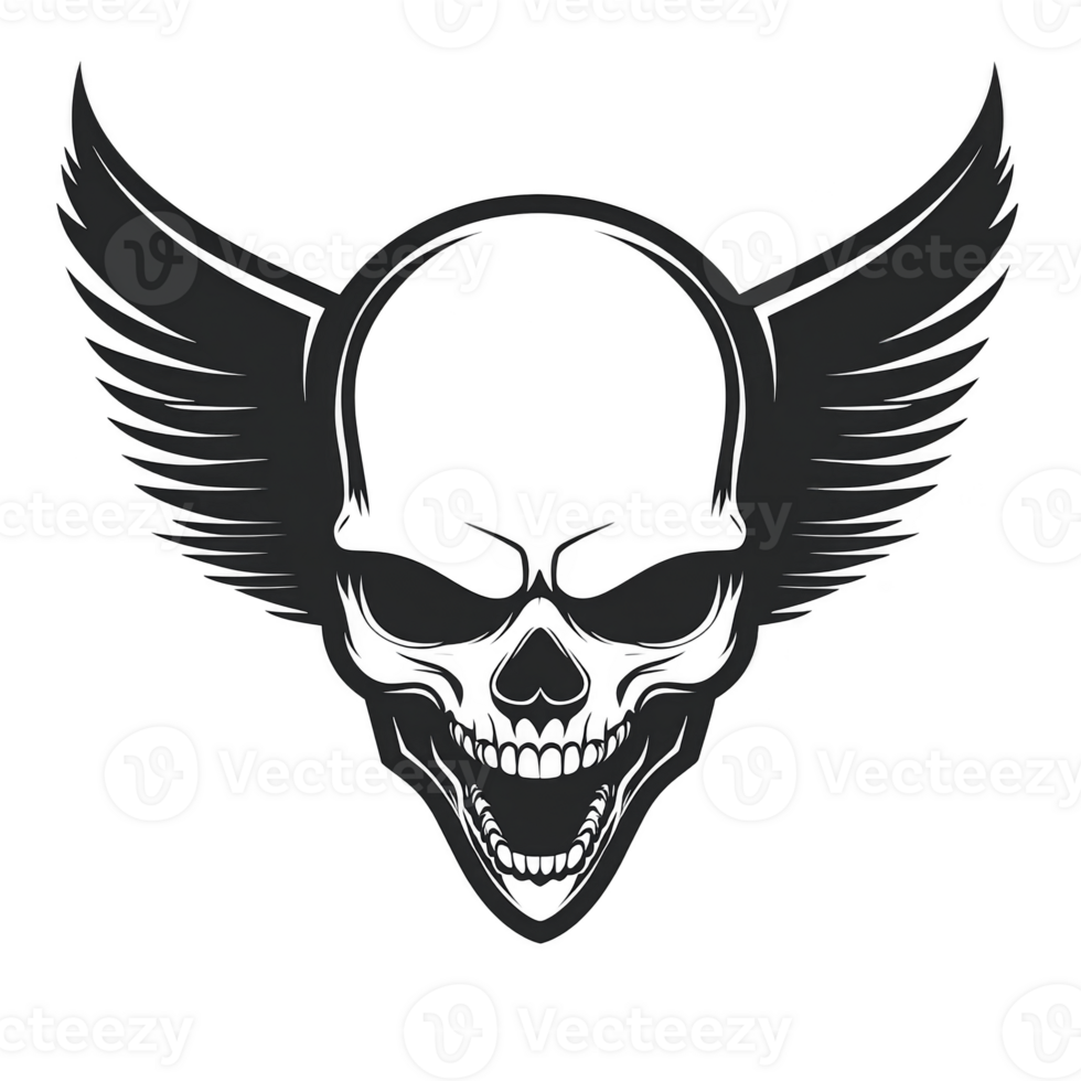 A winged skull design with edgy and bold appearance, featuring detailed wings extending from sides of skull. monochrome style adds dramatic and intense feel to image png