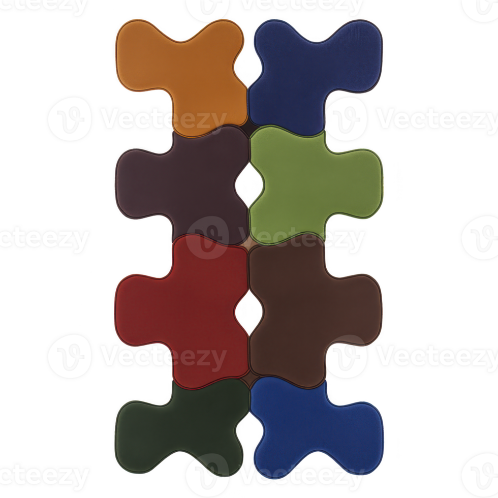 A Colorful interlocking puzzle pieces form vibrant pattern, showcasing playful and creative design. pieces are various colors, including orange, blue, green, and red, creating visually appealing png