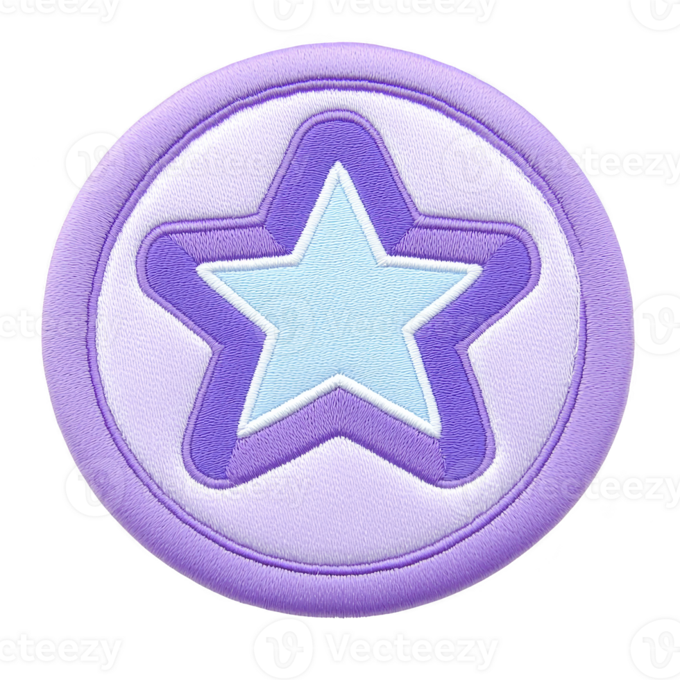 A round embroidered patch features light blue star centered within purple star outline, set against lavender background, creating playful and vibrant design png