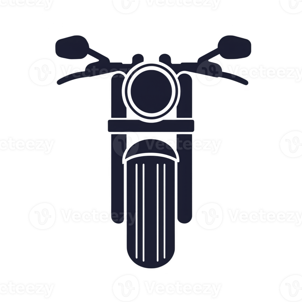 A minimalist black silhouette of motorcycle viewed from front, showcasing handlebars, round headlight, and front fender. design is simple and modern, emphasizing classic shape of motorcycle png