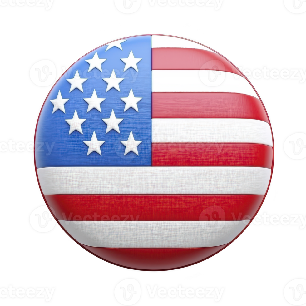 A round button featuring American flag design with stars and stripes, symbolizing patriotism and national pride. vibrant colors of red, white, and blue stand out, evoking sense of unity and freedom png