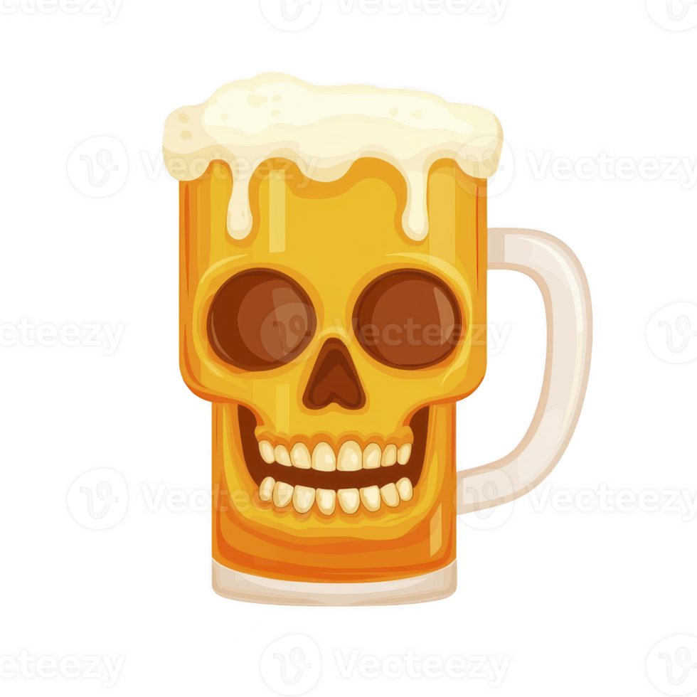 A frothy beer mug with skull design, blending spooky and festive vibes, perfect for Halloween celebrations or themed parties. skull is creatively integrated into amber liquid png