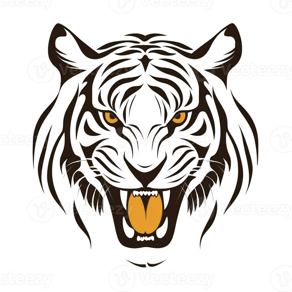 A fierce tiger face illustration with bold black lines and striking orange eyes and mouth, conveying strength and intensity. design is simple yet powerful, capturing essence of tiger gaze png