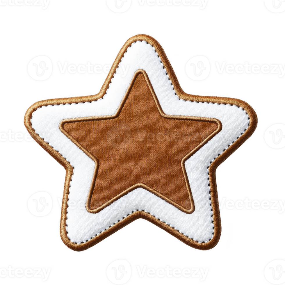 A star shaped fabric patch with brown center and white border, featuring detailed stitching. patch has textured appearance, suitable for clothing or accessories png
