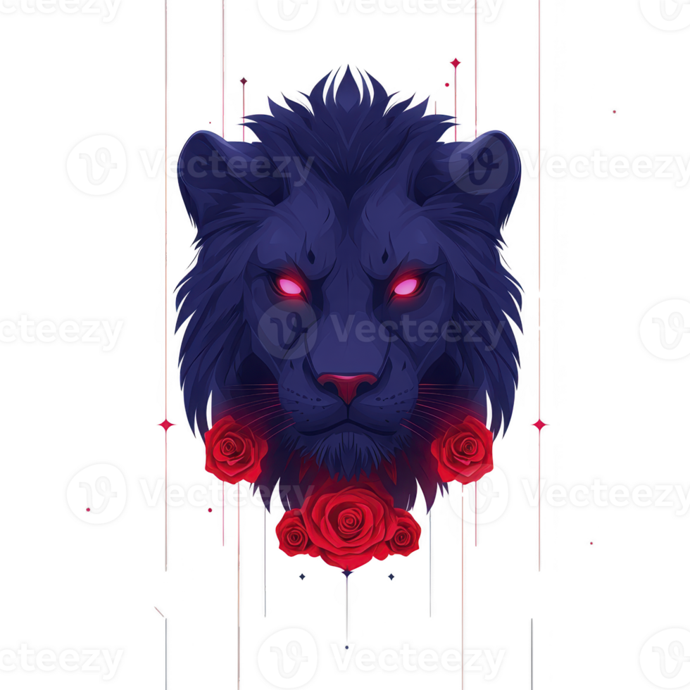 A fierce, stylized blue lion head with glowing red eyes is surrounded by vibrant red roses, creating striking contrast. design is bold and artistic, with dark, mysterious aura png