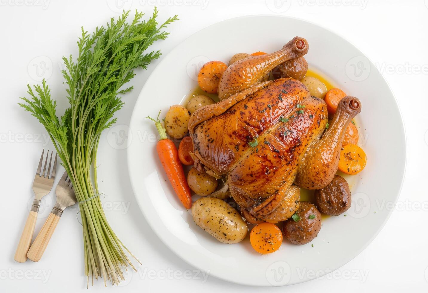 White plate of a roast chicken with roast potatoes, roast carrots, isolated on a white background. photo