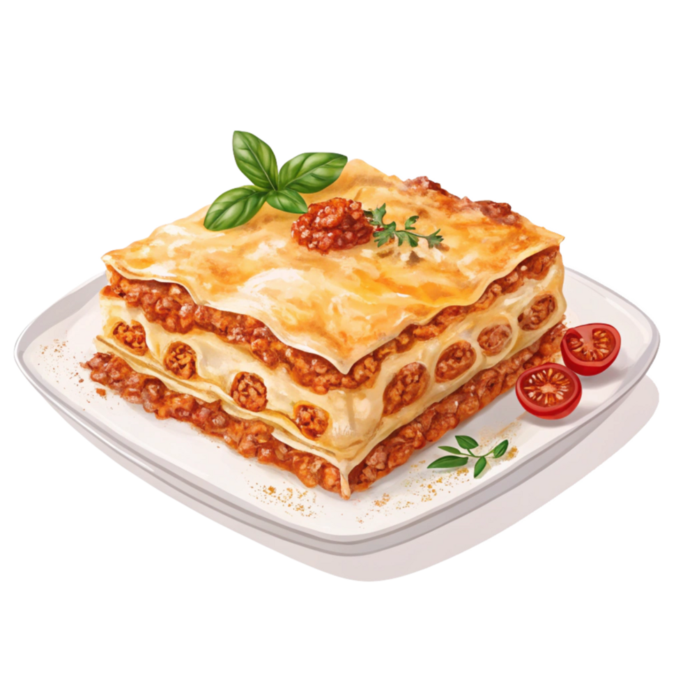 a slice of lasagna on a plate with tomatoes and basil png