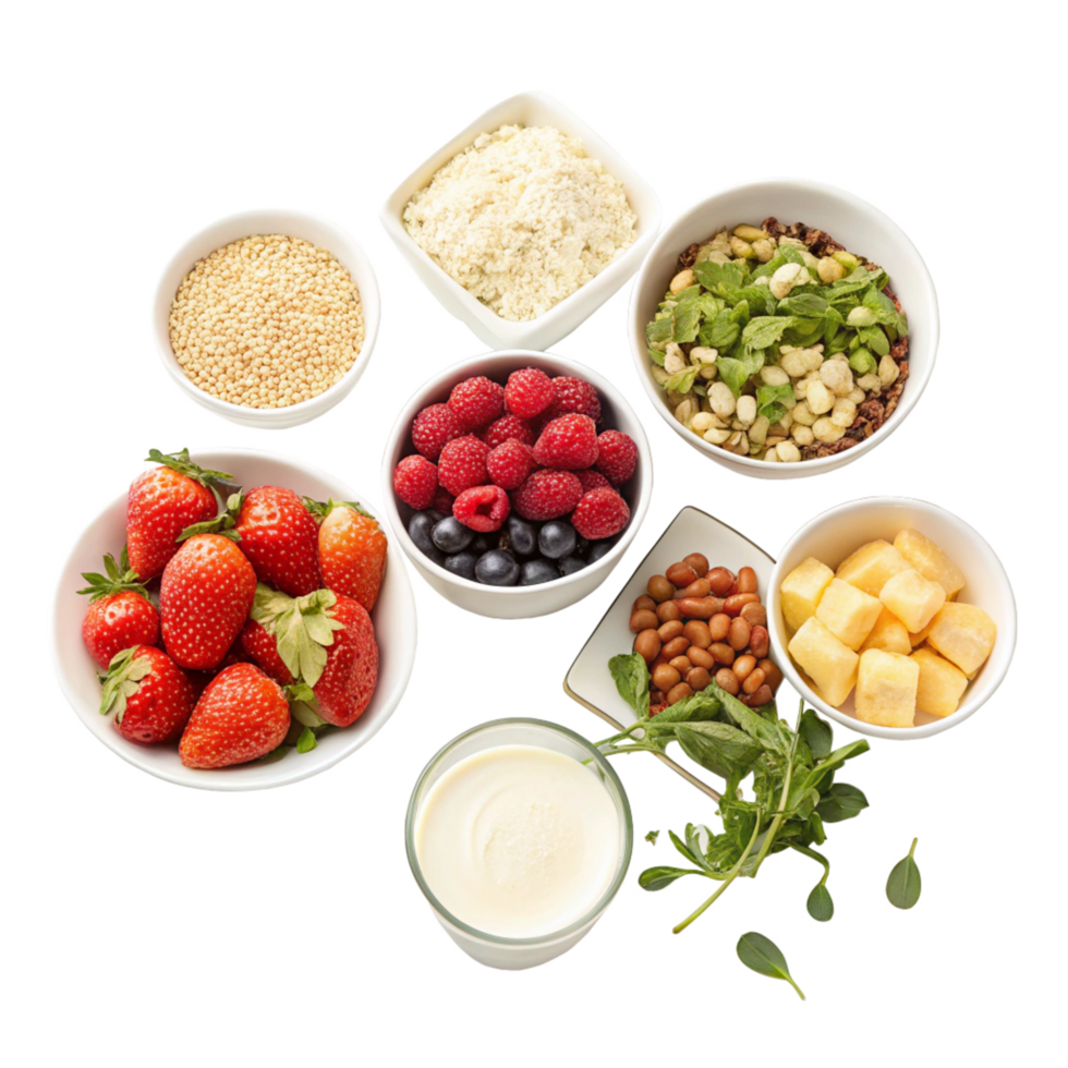 a bowl of different foods including berries, milk, and yogurt png
