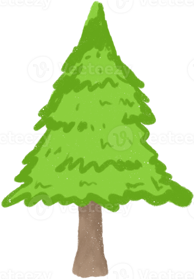 Cartoon green pine tree with brown trunk on transparent background. Four layers of branches arranged in a cone shape. png