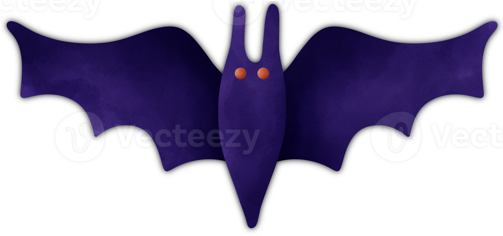 A purple bat cartoon with orange eyes on a transparent background. This bat has large, spread-out, wavy wings, a pointed body, and two long, pointed ears. png