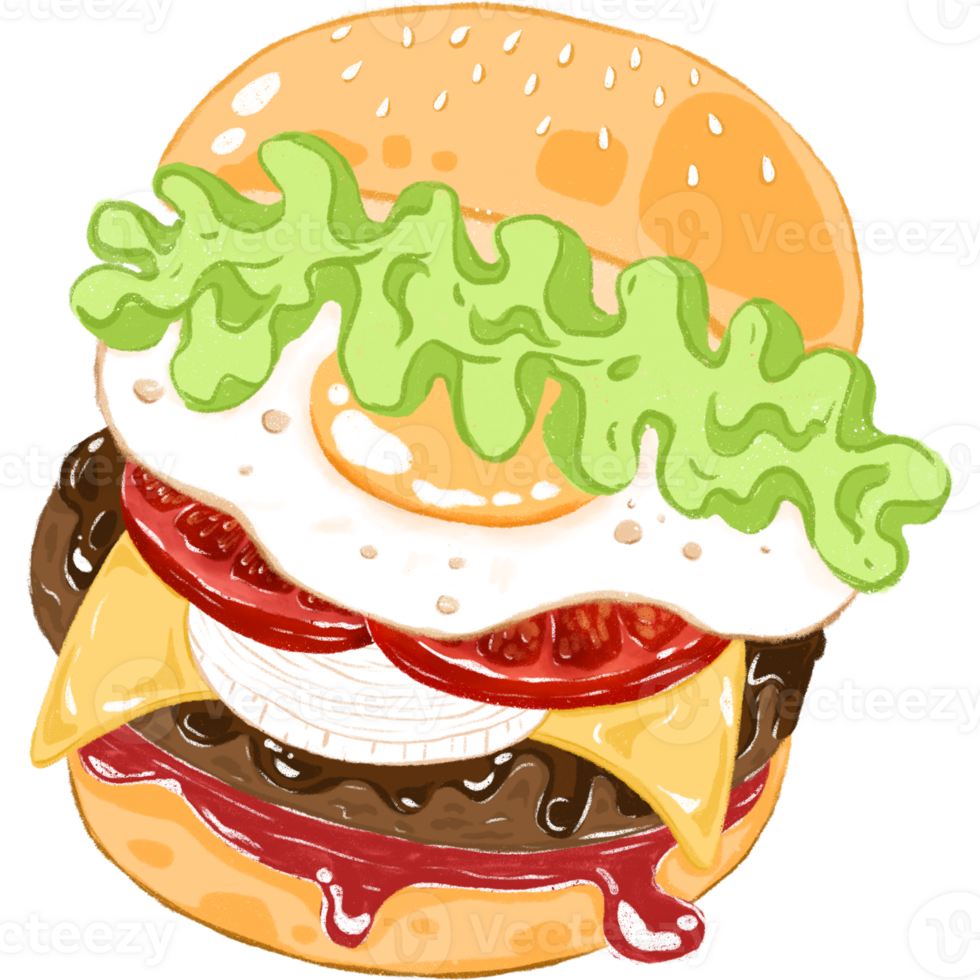 A colorful cartoon burger with a sesame seed bun, meat patty, cheese slices, tomato, onion, lettuce, and sauce. It has a playful and delicious look. png