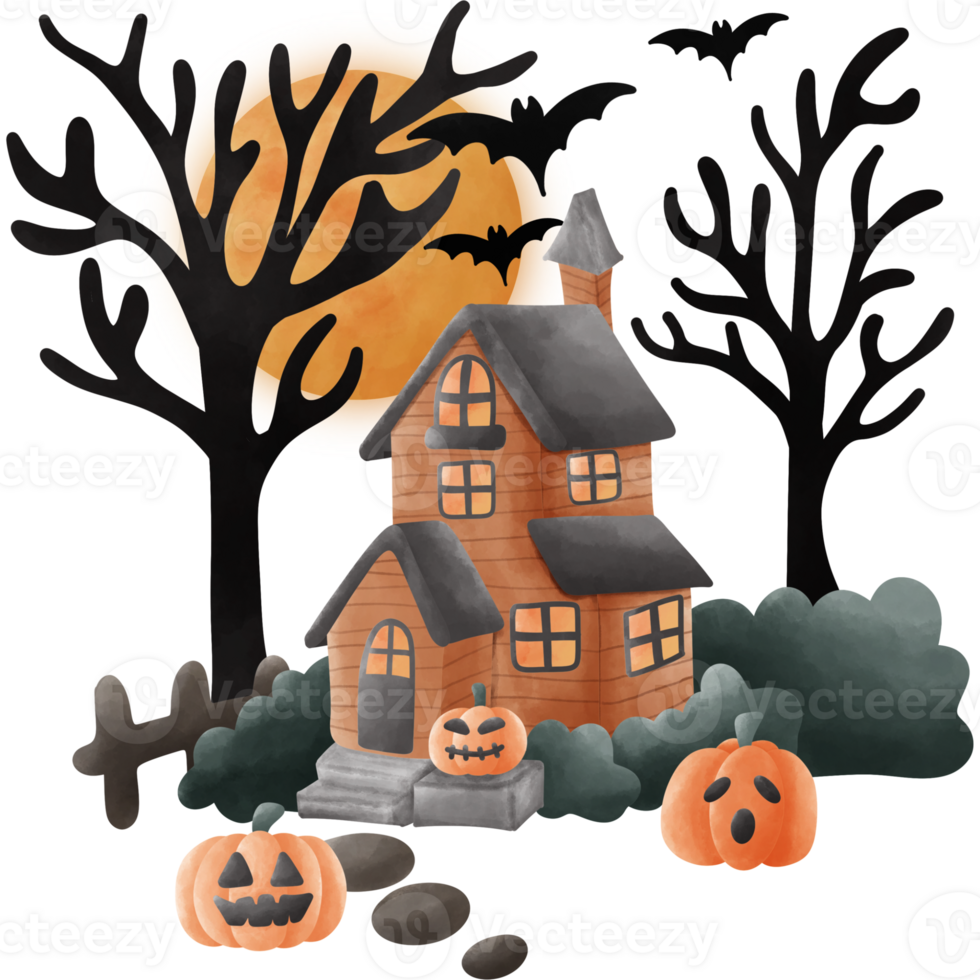 Halloween themed image featuring a haunted house at night. The house is surrounded by pumpkins with carved faces, barren trees and bats flying around in the light of a full moon. png