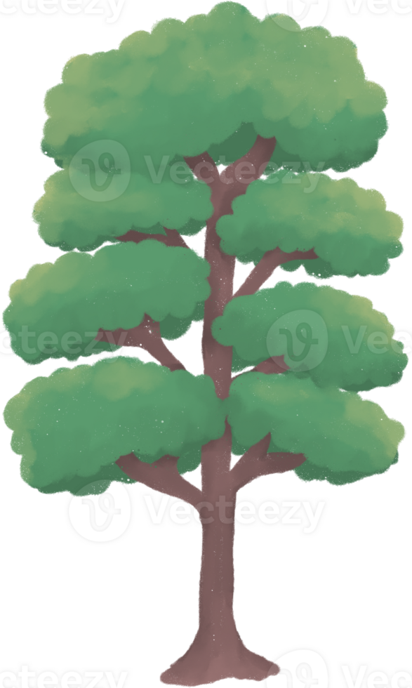 A cartoon style tree with a brown trunk and overlapping green leaves is set on a transparent background. The canopy is structured with four horizontal layers of leaves. png