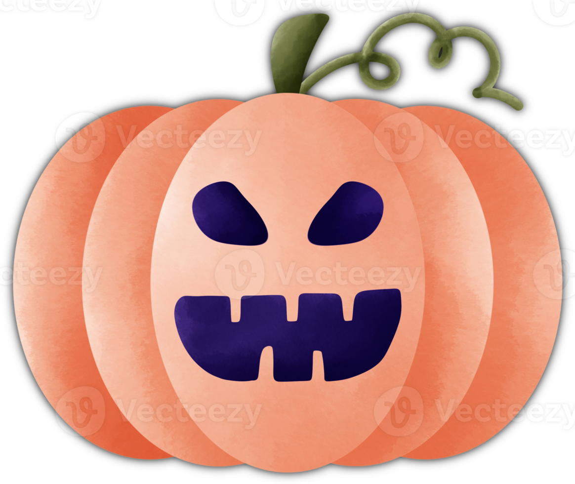 A cartoon-like pumpkin on a transparent background. The pumpkin is orange, has a dark blue jagged mouth, and triangular eyes. The pumpkin has a green stem and curly vines on top. png