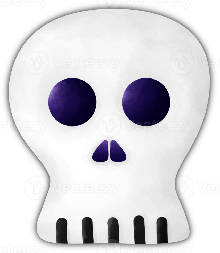 A cartoonish white skull with dark blue circular eye sockets and triangular nostrils. The mouth has five black vertical lines representing the teeth. png