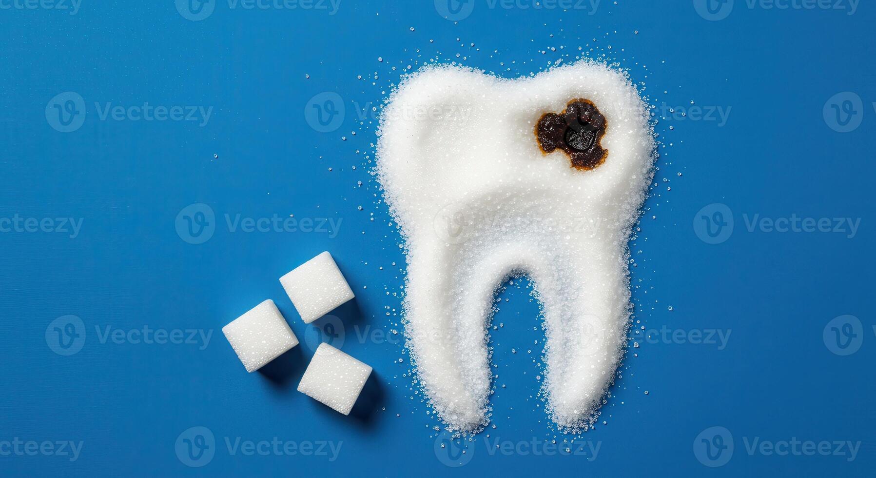 Tooth shape created from sugar with a dark cavity, next to sugar cubes on a blue background, illustrating the damage sugar causes to dental health and causing decay. photo