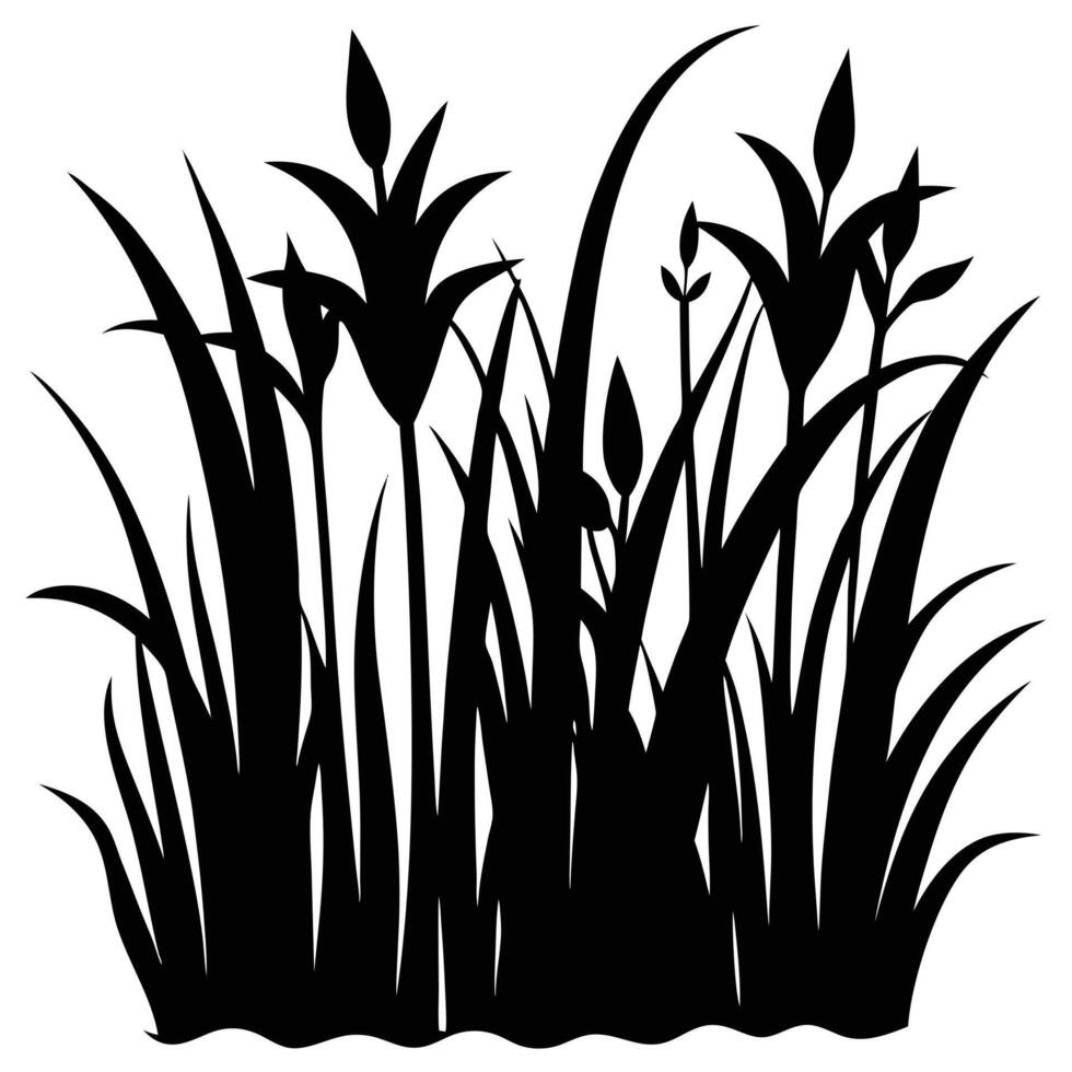 A black and white silhouette of grass and flowers vector