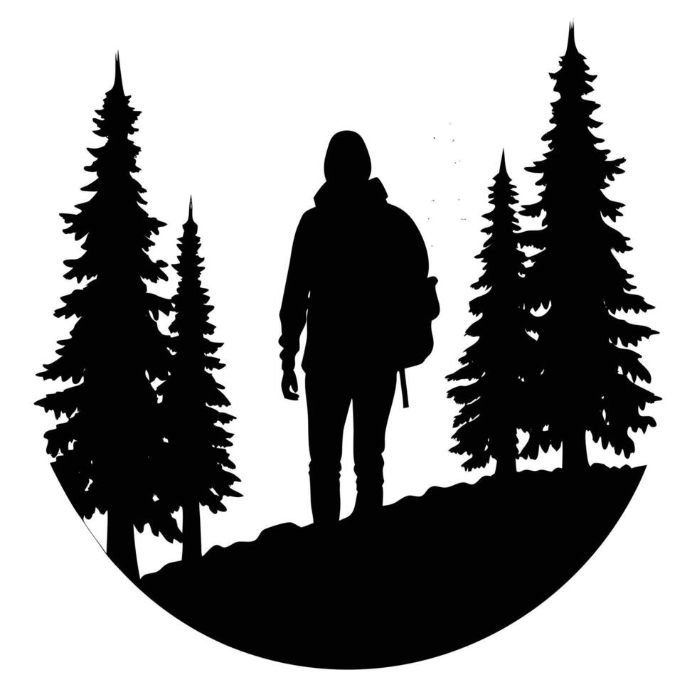 A silhouette of a person walking through the woods vector