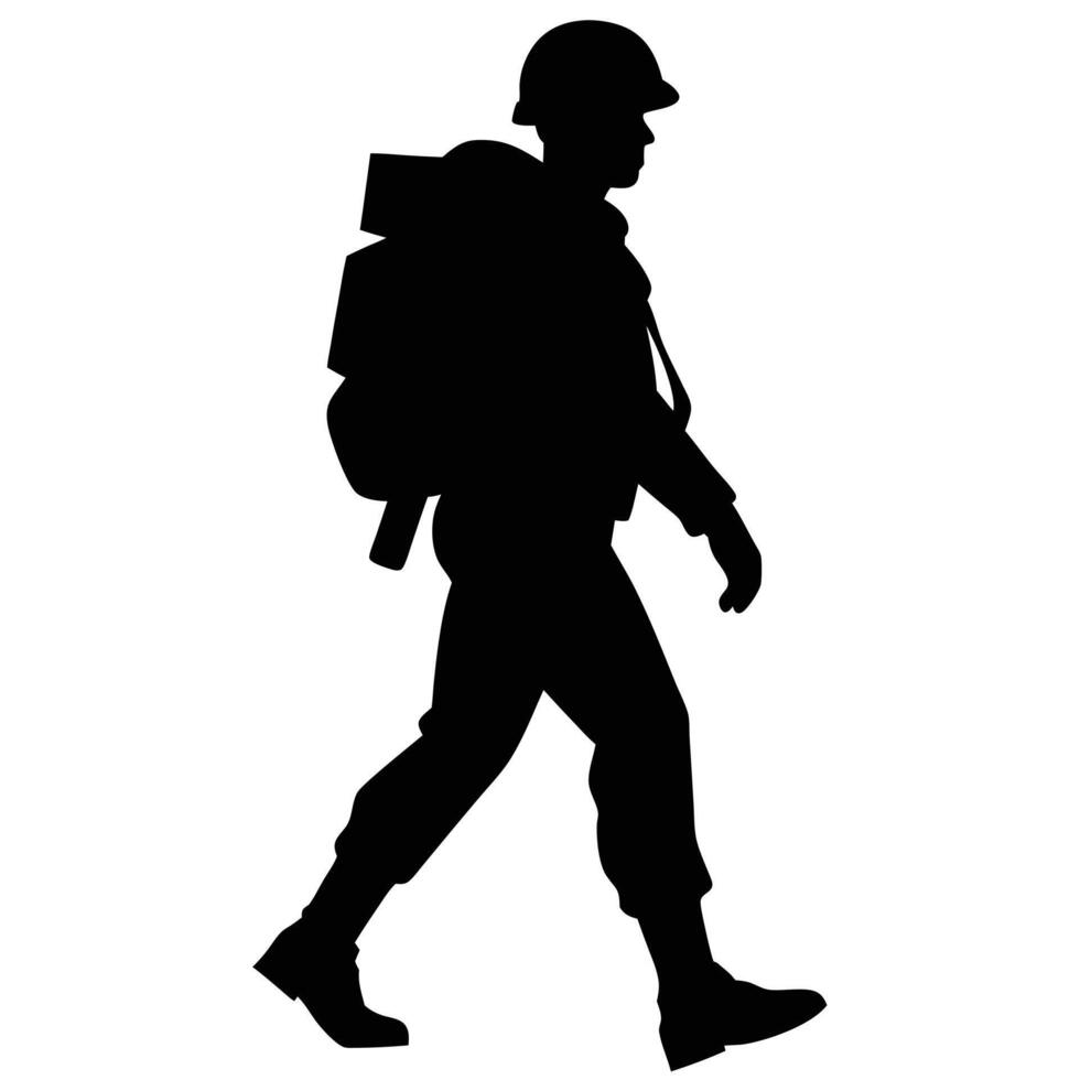 A silhouette of a soldier walking with a backpack vector