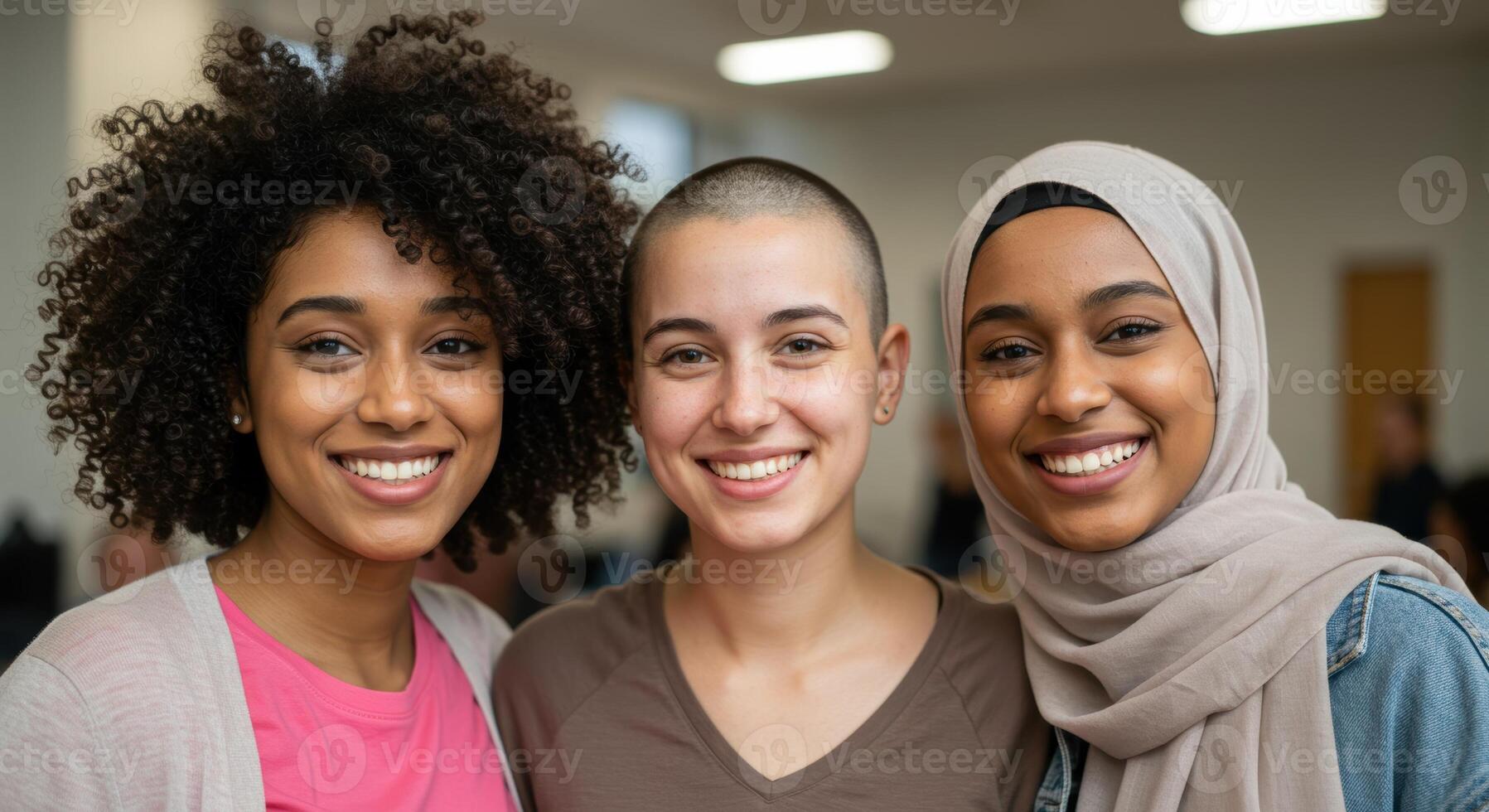 Three diverse young women smile warmly at the camera indoors. A joyful moment shared in a well lit community center, celebrating friendship and unity. photo
