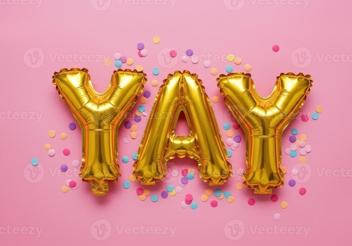 Gold foil balloons spelling YAY on pink background with colorful confetti. Celebration, party, holiday, greeting card, congratulations and positive concepts. photo