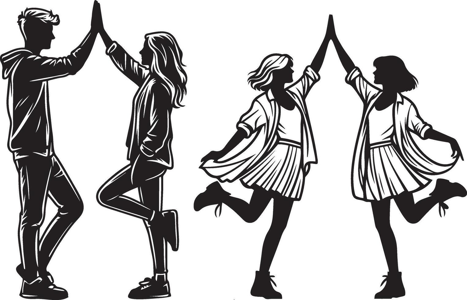Best Friends Giving High Five Pose Set Silhouette Illustration vector