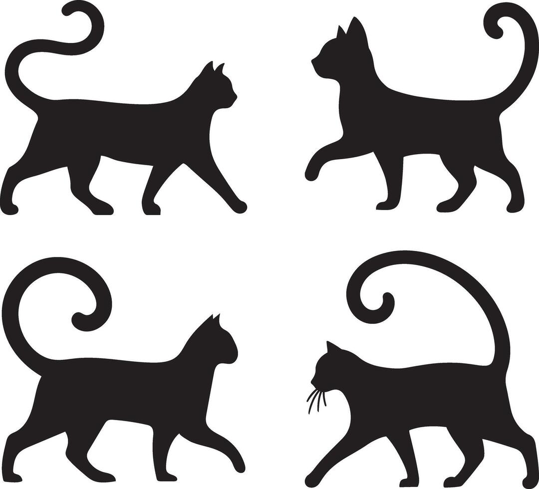 Walking Cat With Arched Tail in alert silhouette illustration bundle for curious feline motion vector