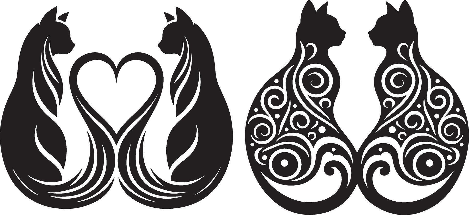 Two Cats Forming Heart Tail in romantic silhouette illustration bundle for love and pet affection vector