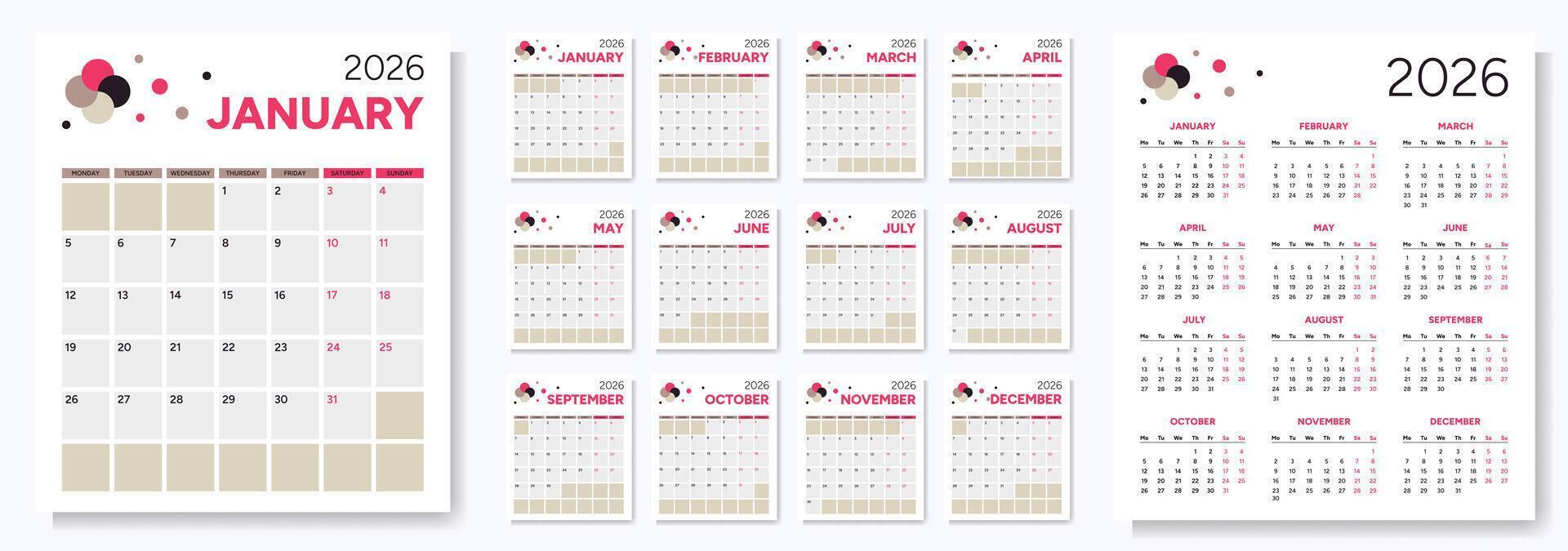 2026 Calendar with Notepad. Week Starts on Monday vector