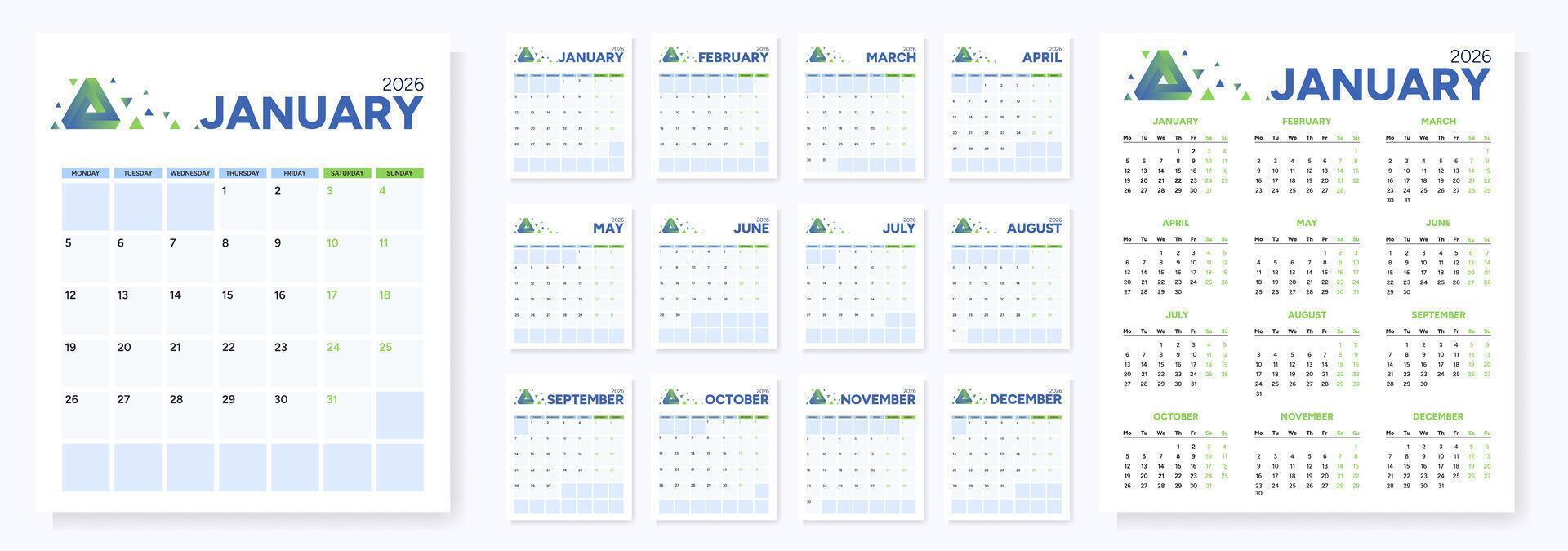 2026 calendar with notepad. Blue and green colors vector
