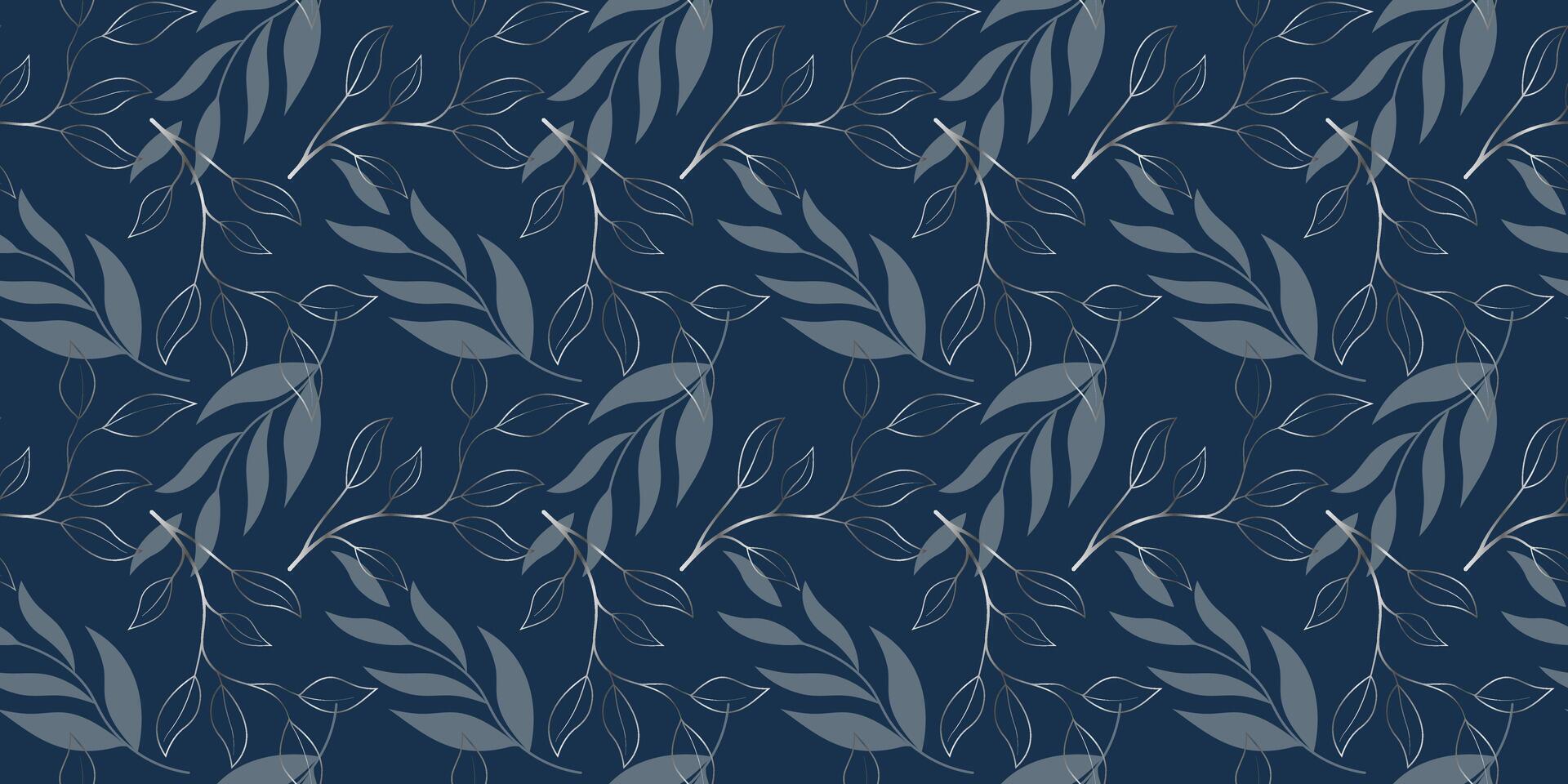 Botanical pattern with silver leaves on dark blue background. vector