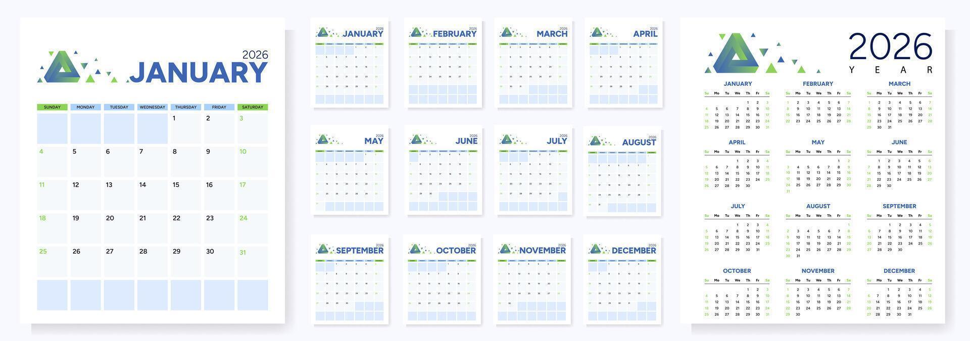 2026 calendar with notepad in blue and green design vector